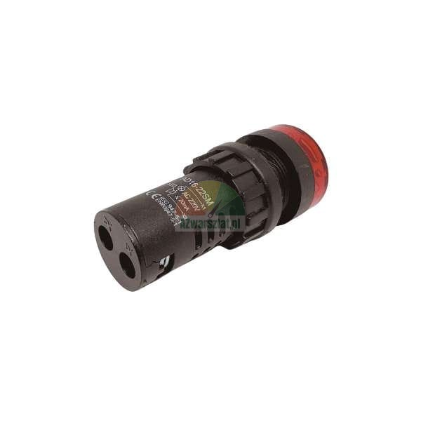Rote LED-Meldeleuchte (Signalleuchte) AD16-22SM 220V für Schalttafeleinbau, dargestellt in einem schwarzen Gehäuse vor weißem Hintergrund.