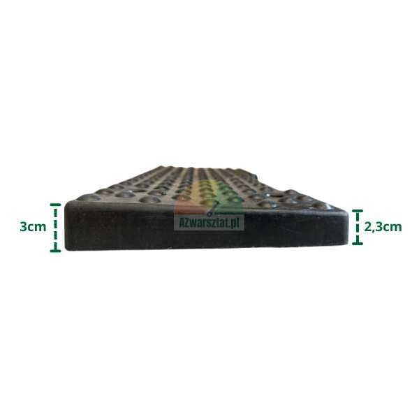 Schwarze Antirutsch-Gummimatte (Keilprofil), Seitenansicht mit Bemaßung 3 cm und 2,3 cm.
