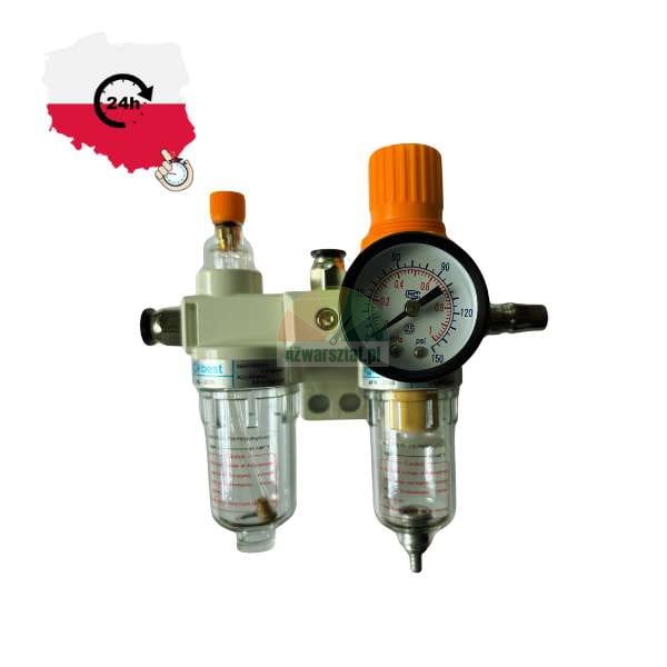 Pneumatischer Filter- und Druckreglersatz mit Manometer und orangefarbenen Einstellknöpfen. Auf dem Bild ist eine polnische Landkarte mit einem '24h'-Symbol abgebildet, das auf schnellen Versand hinweist.