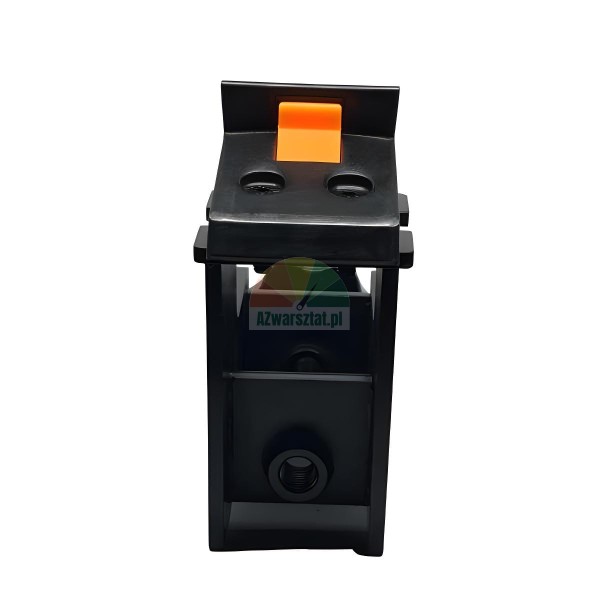 Schwarzer Kunststoffadapter/Gehäuse mit orangefarbener Lasche, zwei ovalen Öffnungen und Gewindeanschluss.