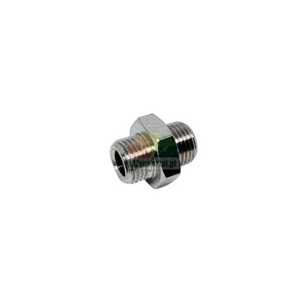 Verchromter Doppelnippel-Adapter mit Außengewinde an beiden Seiten für Schlauchverbindungen.