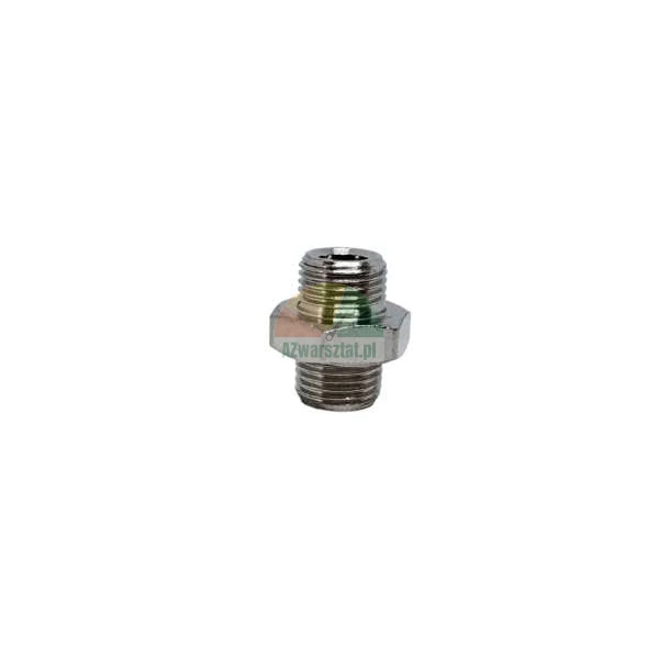 Verchromter Metall-Doppelnippel-Adapter mit Außengewinde an beiden Enden, für pneumatische oder hydraulische Anschlüsse.
