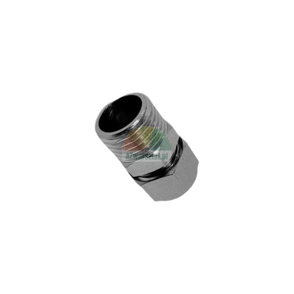 Verchromter drehbarer Rohrnippel oder Adapter mit Außengewinde, isoliert auf weißem Hintergrund.