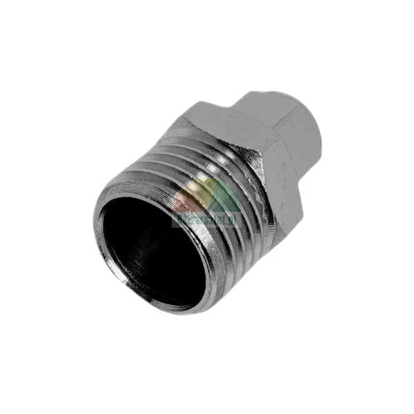 Verchromter Metalladapter mit Außengewinde und Sechskantansatz für pneumatische oder hydraulische Systeme.