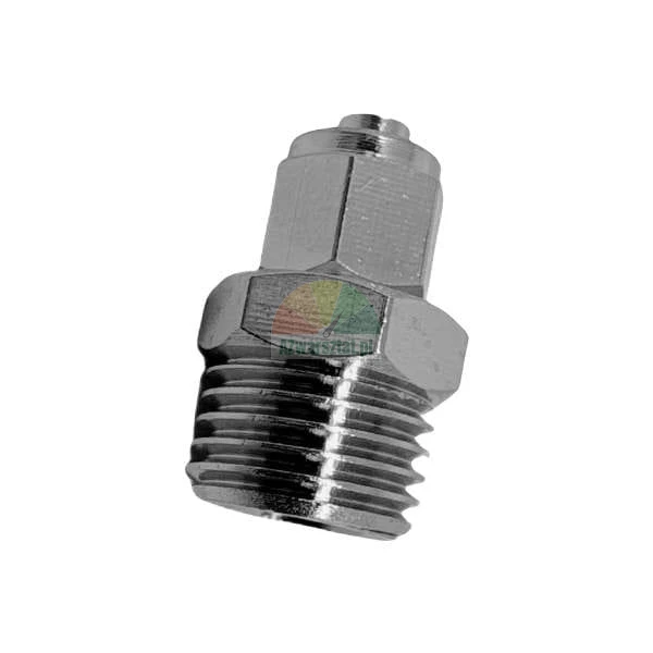 Gerader pneumatischer Steckverbinder aus Metall mit Außengewinde.