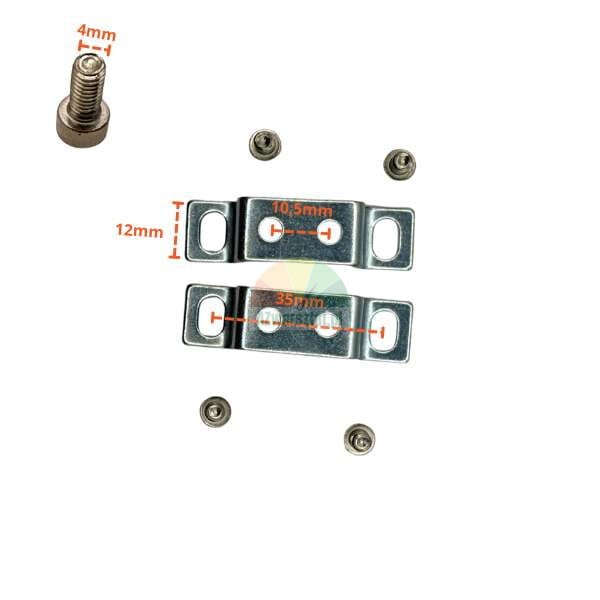 Metall-Befestigungswinkel mit sichtbaren Maßen (12mm, 10.5mm, 35mm), inklusive 4mm Schraube und Befestigungselementen.