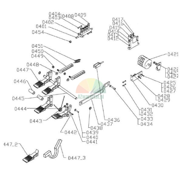 Explosionszeichnung eines technischen Diagramms mit Bedienpedalen und mechanischen Komponenten mit numerischen Kennzeichnungen.