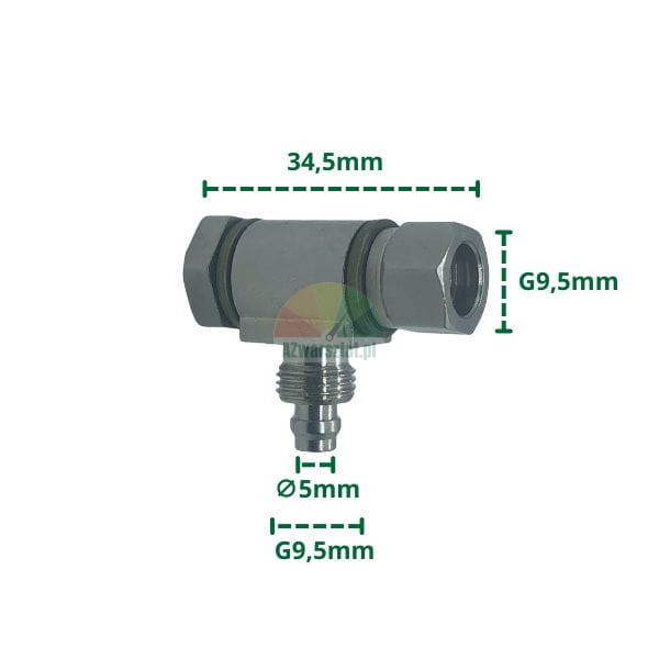 Technischer Metallanschluss mit Maßangaben: Länge 34,5mm, Seitenbreite G9,5mm, Unterdurchmesser 5mm und Unterbreite G9,5mm.
