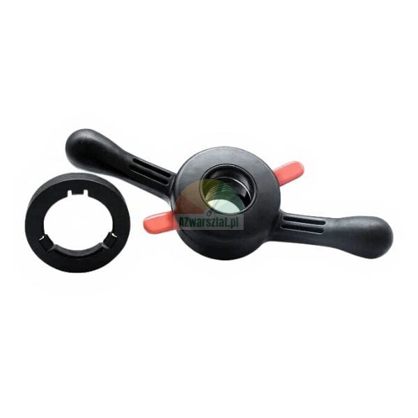 Schwarze Schnellspannmutter für Auswuchtmaschinen mit roten Druckknöpfen und Druckring.