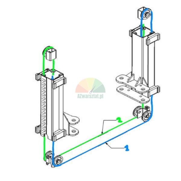 Technische Zeichnung eines Zweisäulen-Hebemechanismus mit grün und blau markierten Seilführungen.