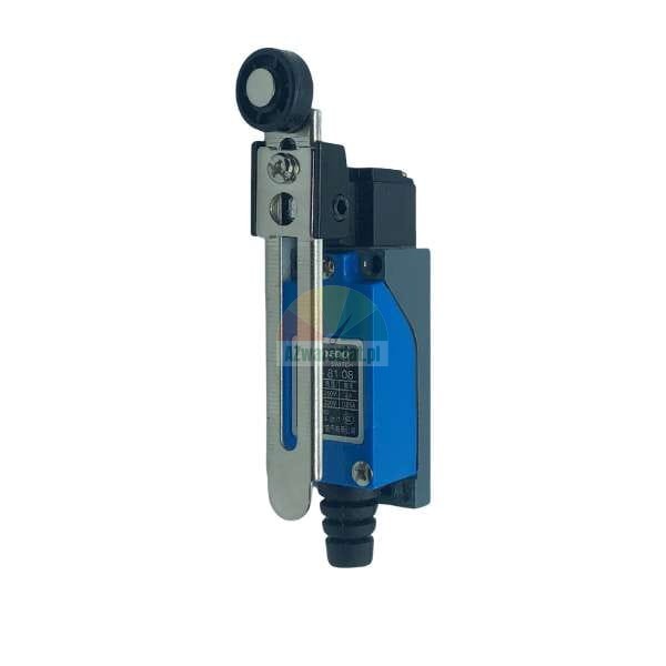 Industrieller Endschalter mit verstellbarem Rollenhebel, blaues Gehäuse, Modell ME-8108.