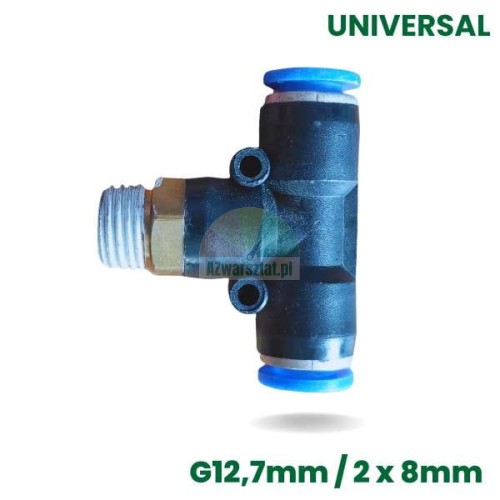 T-Pneumatik-Verschraubung G12,7mm / 8mm / 8mm mit Gewinde und Steckanschlüssen.