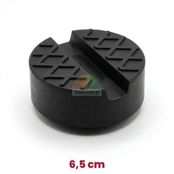 Schwarze runde Gummiauflage für Wagenheber mit 6,5 cm Durchmesser und Schutznut.