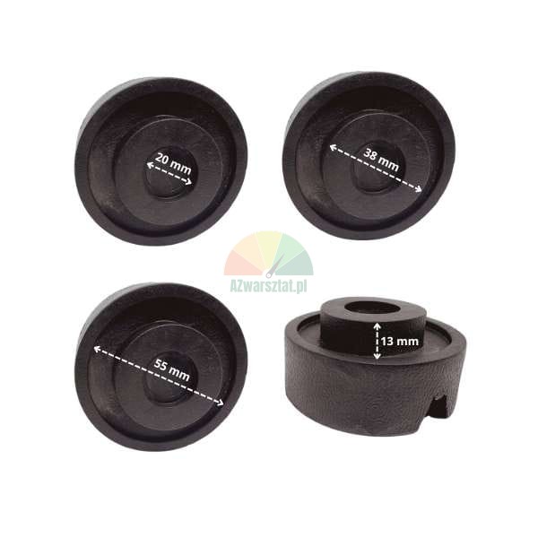Schwarzer Gummi-Abstandshalter mit Maßen: Innendurchmesser 20 mm, Mitteldurchmesser 38 mm, Außendurchmesser 55 mm und Höhe 13 mm.