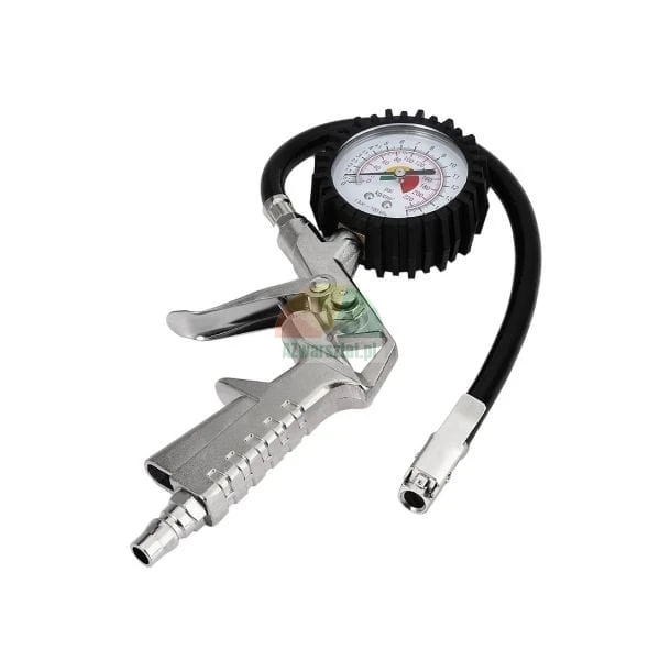 Reifenfüllmesser mit Manometer und schwarzem Gummischlauch.