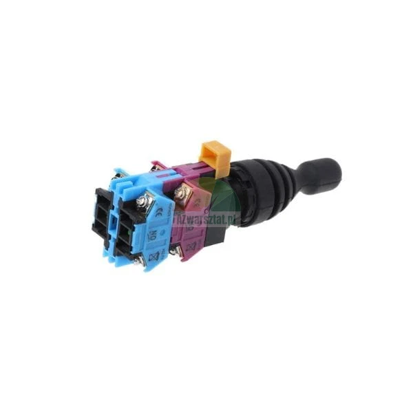 Industrieller Joystick-Schalter mit blauen und lila Kontaktblöcken und schwarzem Gummigriff.