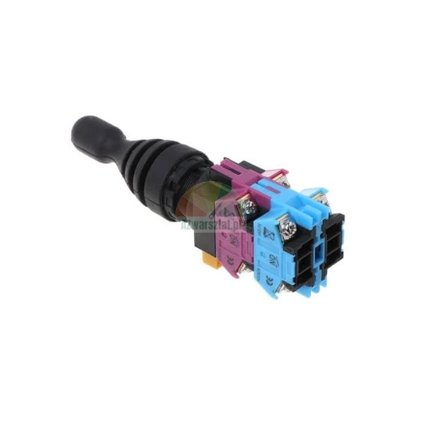 Industrieller Joystick-Schalter mit schwarzem Gummibalg und farbigen Kontaktblöcken.