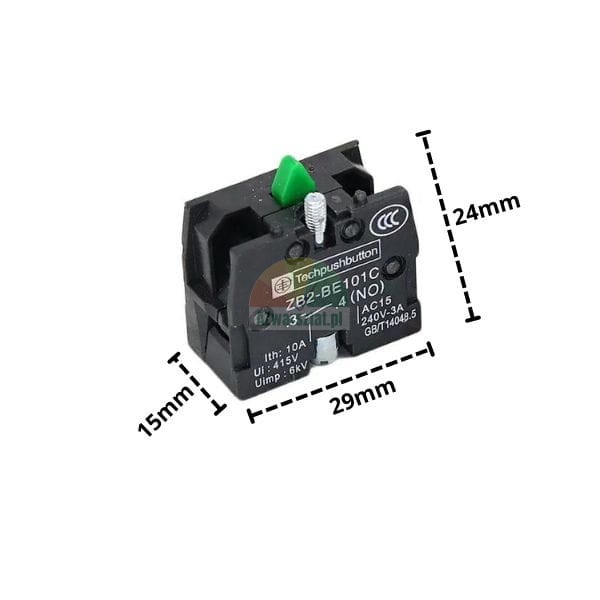 Hilfsschalterblock für Drucktaster 1 x NO ZB2-BE101C mit Abmessungen