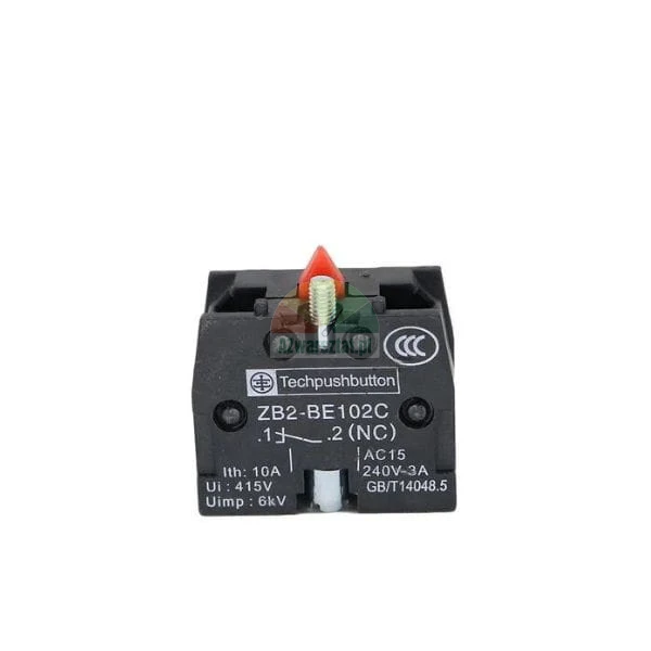 Schwarzer NC-Kontaktblock Techpushbutton ZB2-BE102C mit technischer Beschriftung und rotem Stößel.