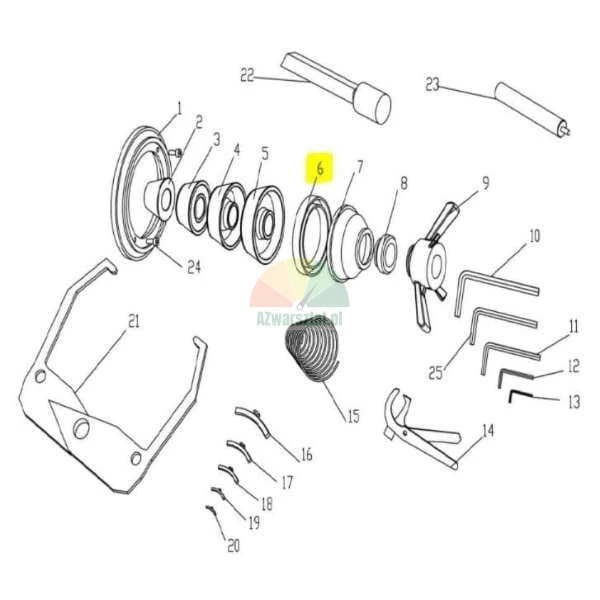 Technische Zeichnung von Teilen einer Radauswuchtmaschine mit hervorgehobenem Element Nummer 6, das einen Druckring oder Distanzring darstellt.