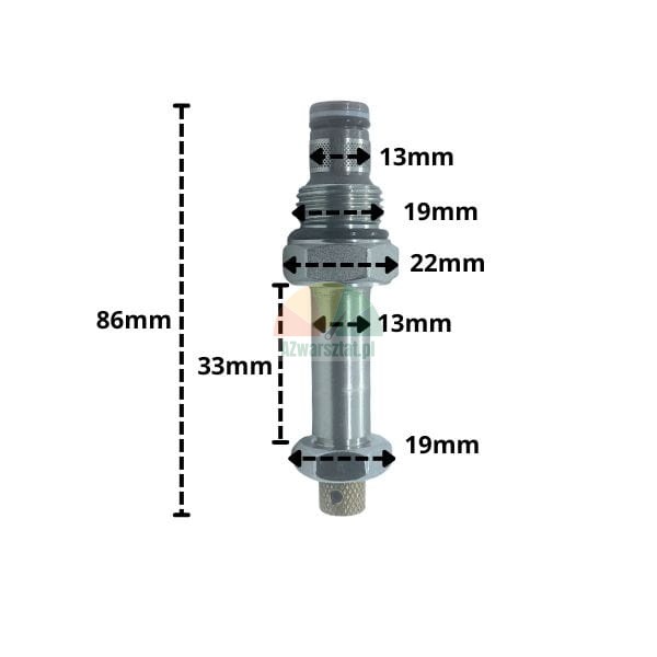 Mechanisches Metallbauteil mit Abmessungen: Gesamtlänge 86mm, Teillänge 33mm und Durchmesser 13mm, 19mm, 22mm.