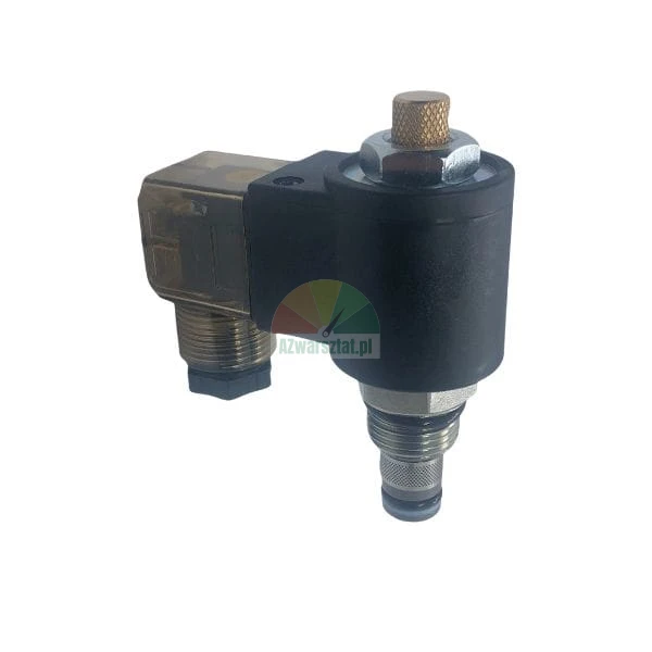 Hydraulik-Magnetventil mit Spule und elektrischem Stecker auf weißem Hintergrund.