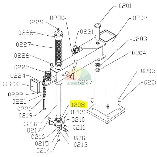 Technische Zeichnung einer mechanischen Armbaugruppe mit nummerierten Teilen und gelb markiertem Bauteil 0208.