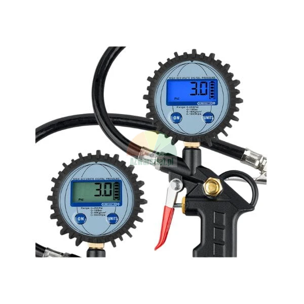 Digitaler Reifenfüllmesser mit LCD-Anzeige, die 3.0 PSI anzeigt, und schwarzem Luftschlauch.
