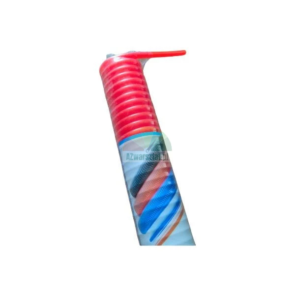 Oberteil einer Laborpipette mit rotem Druckknopf und bunten Wirbeln auf weißem Gehäuse.