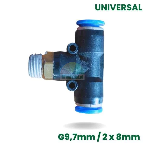 Pneumatische T-Steckverschraubung mit 9,7mm Gewinde und zwei 8mm Steckanschlüssen