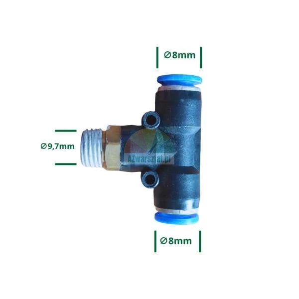 Pneumatische T-Verschraubung, 9,7mm Gewinde, 2x8mm Steckanschluss