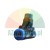 Pneumatische T-Steckverschraubung mit Außengewinde, schwarzes Gehäuse mit blauen Löseringen.
