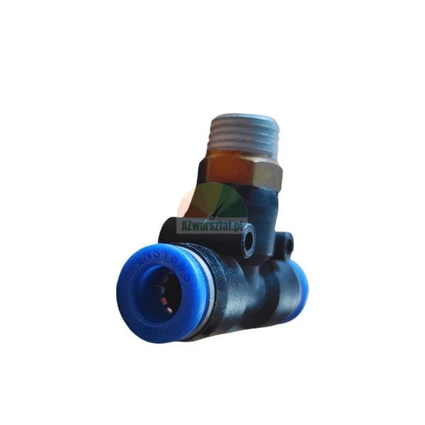 Pneumatische T-Steckverschraubung mit Außengewinde, schwarzes Gehäuse mit blauen Löseringen.