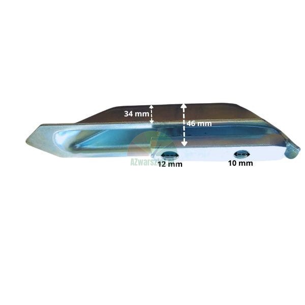 Seitenansicht einer Metallpflugscharspitze mit technischen Maßen: 34 mm, 46 mm, 12 mm und 10 mm.