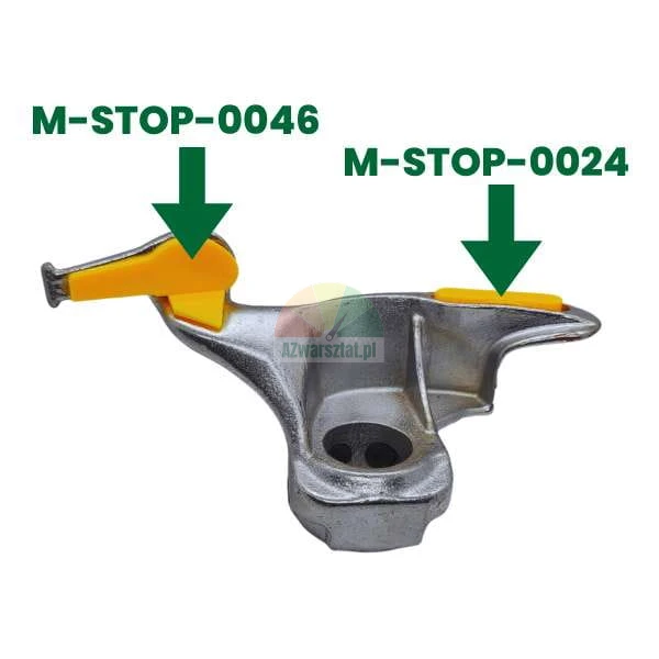 Montagekopf für Reifenmontiermaschinen mit gelben Kunststoff-Schutzelementen M-STOP-0046 und M-STOP-0024.