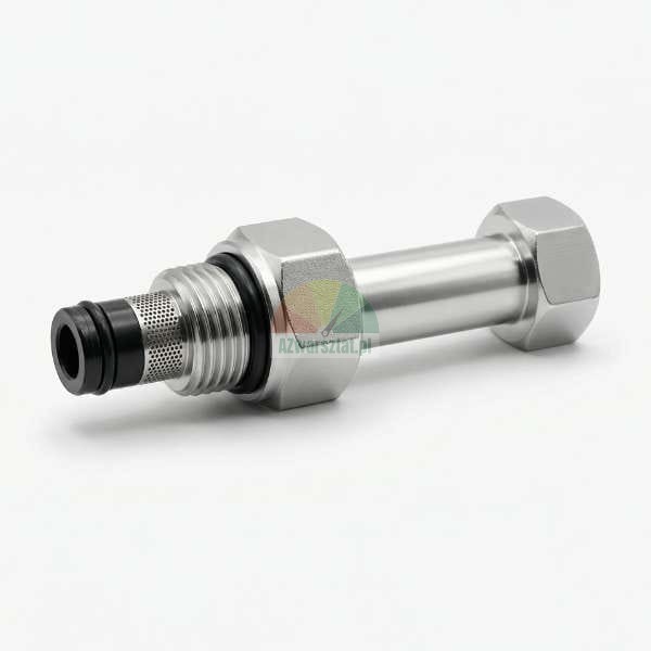Metallische Filterschraube mit Maschenfilter und O-Ringen auf weißem Hintergrund.