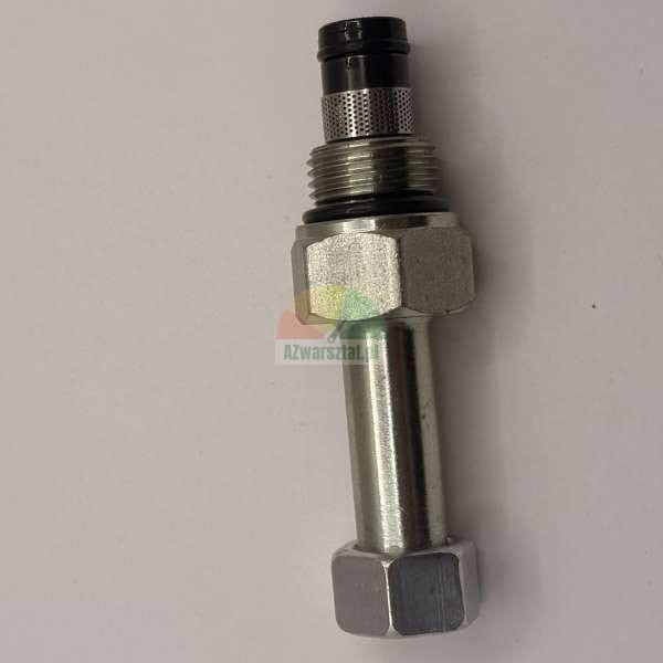 Hydraulikkomponente aus Metall mit Gewinde, Dichtung und Siebfilter auf hellem Hintergrund.