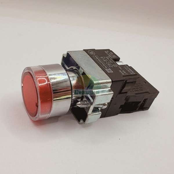 Roter Industrie-Drucktaster mit verchromtem Ring und Kontaktblock-Baugruppe