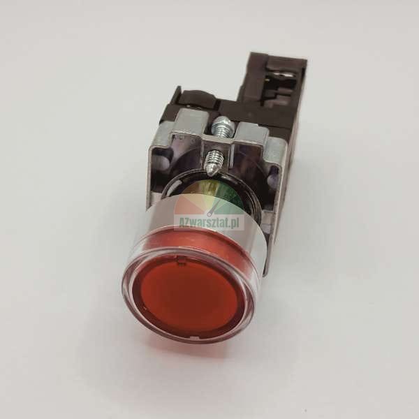 Roter industrieller Drucktaster mit Metallring und Kontaktblock auf hellem Hintergrund.