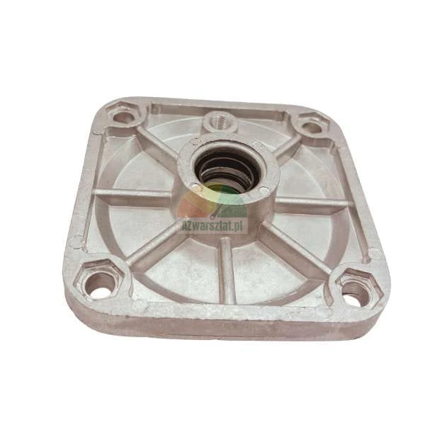 Aluminium-Flanschgehäuse mit einer zentralen Bohrung und vier Montagelöchern in den Ecken.