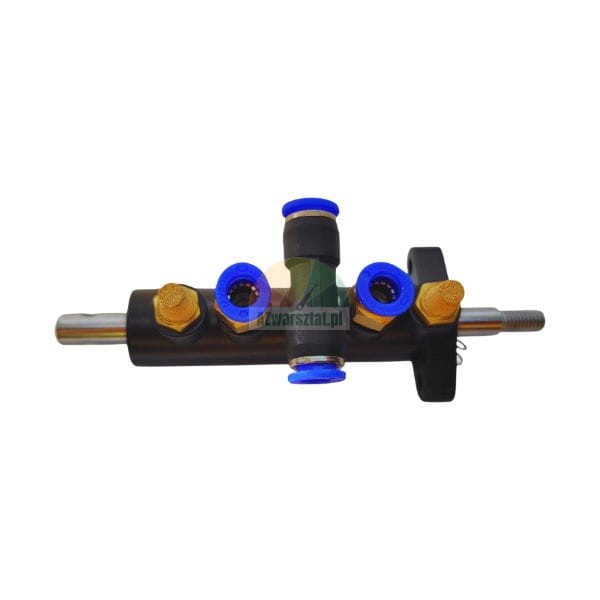 Pneumatischer Luftverteiler mit blauen Schnellsteckverbindungen und Messing-Schalldämpfern auf einem schwarzen Gehäuse