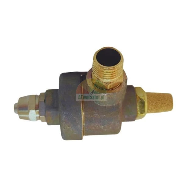 Industrielles pneumatisches Messingventil mit einem Sinterbronze-Schalldämpfer auf weißem Hintergrund.