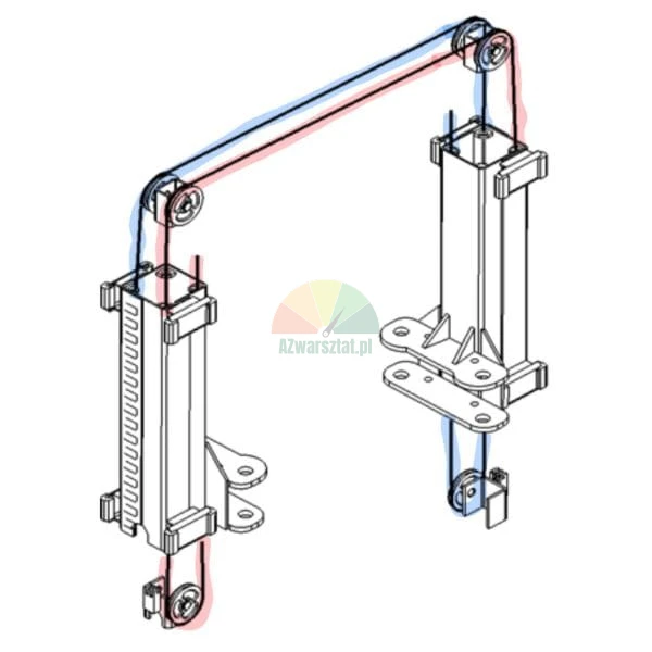 Isometrische technische Zeichnung eines Seilzugsystems mit Rollen für einen Zwei-Säulen-Hebemechanismus.