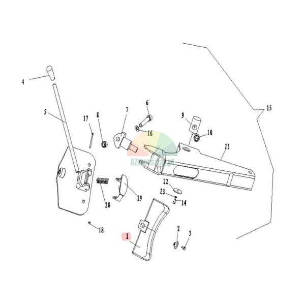Technische Zeichnung eines Hebelmechanismus mit nummerierten Bauteilen, wobei Teil Nummer 1 rot markiert ist.