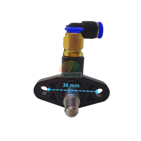 Mechanisches Teil mit Montagehalterung, Lochabstand 36 mm, Messingbeschlag und blauem pneumatischem Schnellanschluss.
