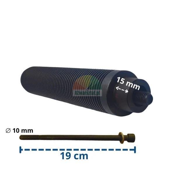 Schwarzer Gewindezylinder mit markierter 15 mm Abmessung und eine lange Schraube mit 10 mm Durchmesser und 19 cm Länge.