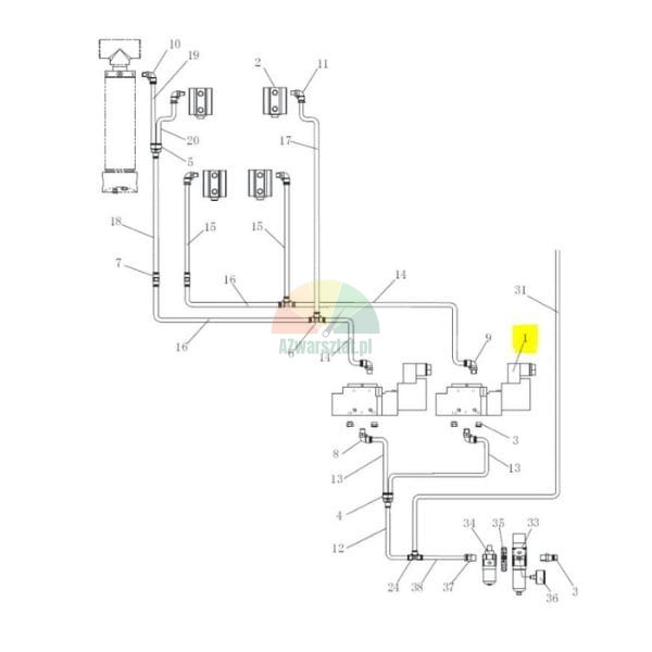 Technische Schemadarstellung eines hydraulischen oder pneumatischen Systems mit nummerierten Komponenten und hervorgehobenem Teil Nummer 1.
