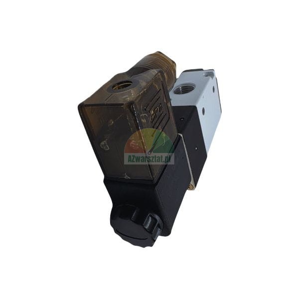 Pneumatisches Magnetventil mit braunem, lichtdurchlässigem Stecker und schwarzer Spule auf weißem Hintergrund.