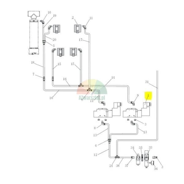 Technische Schemat eines pneumatischen oder hydraulischen Systems mit gelb markiertem Bauteil Nummer 1, das ein Steuerventil darstellt.