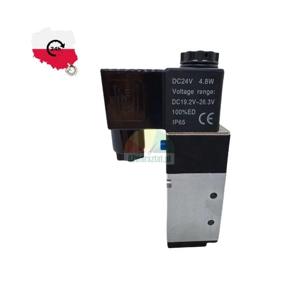 Pneumatisches Magnetventil DC24V 4.8W IP65 mit schwarzer Spule und Aluminiumgehäuse.